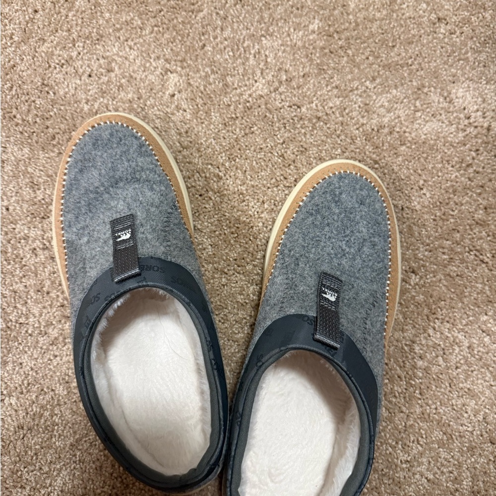 Sorel Gray Felt Slip-On Slippers with Tan Sole
